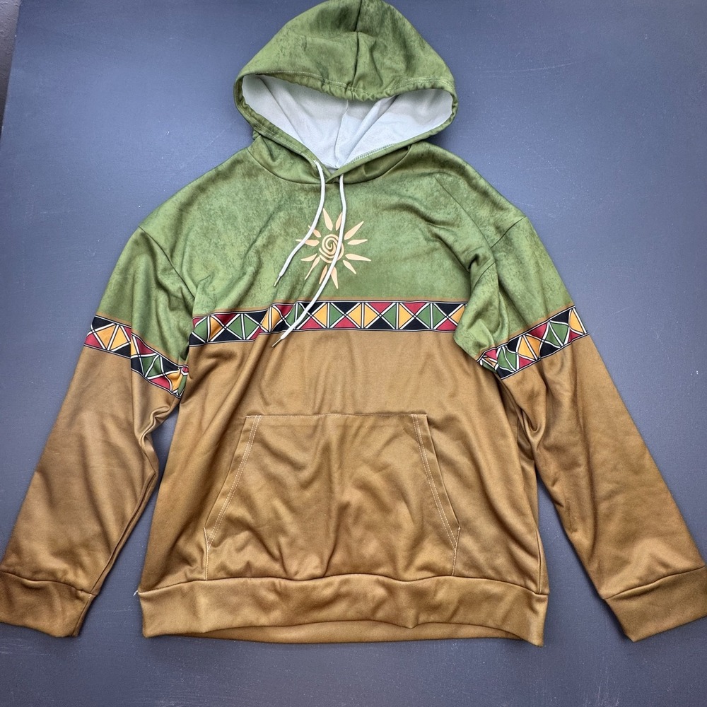 Tribal Hoodie Men's XL Green Brown Pullover Aztec Print Graphic Cosplay Costume